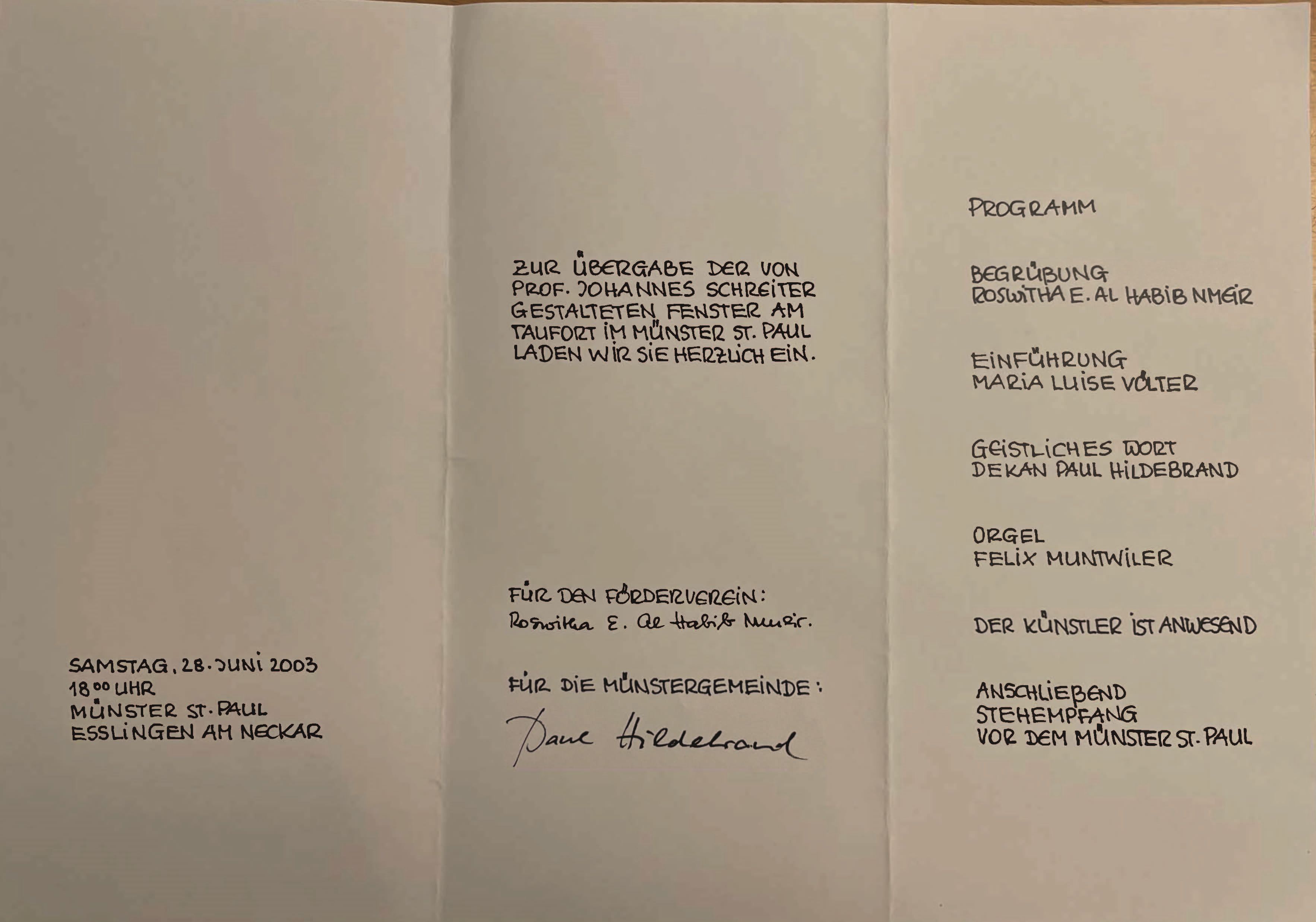 Einladung zur Übergabe der Tauffenster von Johannes Schreiter